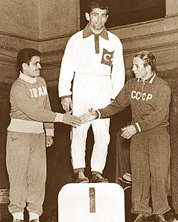 Mehdi Yaghoubi, Mustafa Dağıstanlı, Mikhail Shakhov 1956.jpg