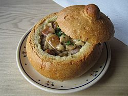 Porcini mushroom soup in breadbowl poland 2010.JPG