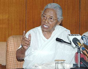 A Sarvodaya Activist and the National Communal Harmony Award and Kabir Puraskar winner Smt. Hema Bharali addressing the media, in New Delhi on April 30, 2006.jpg