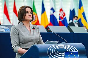 Belarusian opposition leader Sviatlana Tsikhanouskaya addresses MEPs (51702909725)