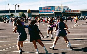 Car park netball, Otara Town Centre, 1973