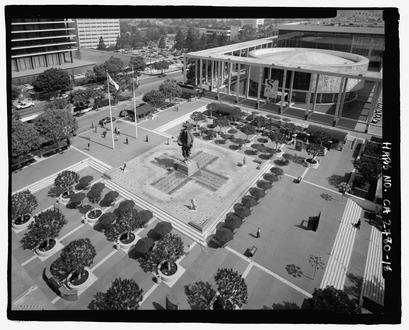 Exterior aerial plaza view, facing northwest. - Los Angeles Music Center, 135 North Grand Avenue, Los Angeles, Los Angeles County, CA HABS CA-2780-18