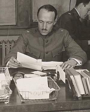 Major Dana H. Crissy detail on December 20, 1917, 111-SC-1441 - School of Military Aeronautics, Princeton University - Major Dana H. Crissy, Commanding Officer, his adjunct, and clerks - NARA - 55164221 (cropped)