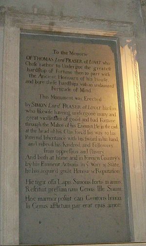 Memorial inscription for Thomas Fraser, 10th Lord Lovat