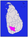 Area map of Ratnapura District, some distance from the south western coast with its western and southern borders converging towards the north west, in the Sabaragamuwa Province of Sri Lanka