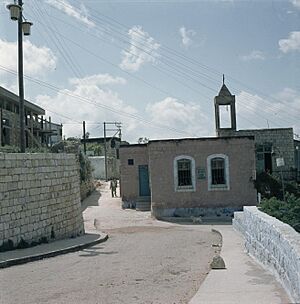 Safed. Kunstenaarskolonie weg met aan weerzijden muren met zicht op het atelier, Bestanddeelnr 255-9230