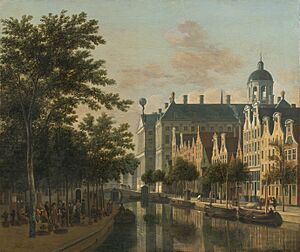 The Nieuwezijds Voorburgwal with the Flower Market, Amsterdam by Gerrit Berckheyde 1686