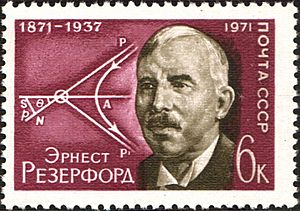 The Soviet Union 1971 CPA 4043 stamp (Ernest Rutherford and Diagram of Rutherford Scattering)
