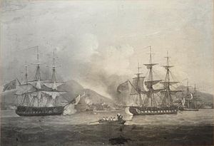 Thomas Luny - The Frigates Sir Francis Drake and Terpsichore Attacking the Dutch Frigate Phoenix and Other Shipping in Batavia Roads, 1806
