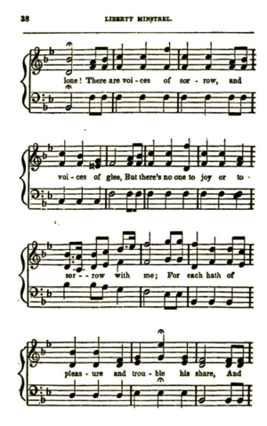 "The Blind Slave Boy" in "The Liberty Minstrel". Words by Mrs. Dr. Bailey. Music arranged from Sweet Afton. 01
