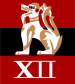 A red rectangle with a central black bar. On this background is a Burmese dragon. Under it, is the roman numerals XII in white.
