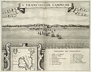AMH-6714-KB View of St. Francisco de Campeche, depicted in the inset Yucatan and the Gulf of Honduras
