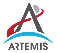 An arrowhead combined with a depiction of a trans-lunar injection trajectory forms an "A", with an "Artemis" wordmark printed underneath