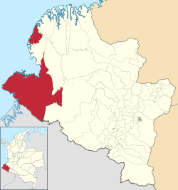 Location of the municipality (red) and city (dark gray) of Tumaco in the Nariño Department.