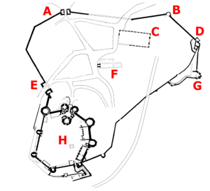 Denbigh Castle and town walls plan, labelled