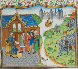 Edmund of Langley remonstrating with the King of Portugal - Chronique d' Angleterre (Volume III) (late 15th C), f.186r - BL Royal MS 14 E IV.png