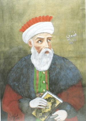 A painting of Fuzuli with a white beard, wearing a red coat with fur trim, holding a book