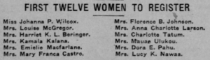 First Twelve Women To Register, Honolulu Star-Bulletin, August 30, 1920