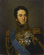 Painting shows a clean-shaven man with curly hair and long sideburns. His dark blue military uniform is covered with decorations and gold braid.