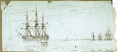 HMS 'James Watt' off Cronstadt, with the 'Centaur', 'Bulldog' and 'Imperieuse' in action near the Tolboukin lighthouse, August 1855 RMG PU9408