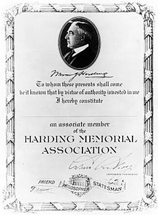 Harding Memorial Association membership certificate 1923
