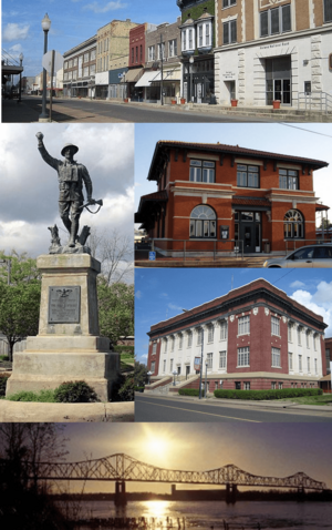 Clockwise from top: Cherry Street Historic District, the Delta Cultural Center, Phillips County Courthouse, the Helena Bridge over the Mississippi River and the Spirit of the American Doughboy Monument