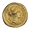 INC-3004-a Ауреус. Ок. 43—39 гг. до н. э. Монетарий Клодий Весталий (аверс)