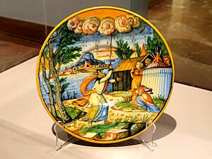 It Rains Manna (Piove la Manna) plate 16th century earthenware majolica (Polk Museum of Art)