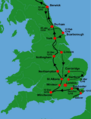 A map of England showing King John's march north and back south with solid black and dashed arrows.