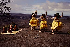 Native Hawaiians performing a dance with a musician playing a Ipu Heke at Hawai'i Volcanoes National Park. (75fded1195fc4b79907f5cbea4b470b7)