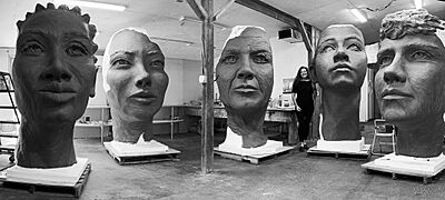 Nellie Bly Memorial Clay Faces Black and White