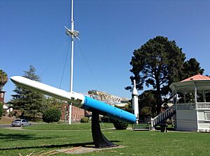 The gazebo, Subroc missile and flag pole in Alden Park on Mare Island