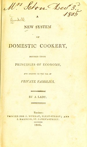 Title page which reads, in full: "A New System of Domestic Cookery, formed upon principles of economy, and adapted to the use of Private Families, by a Lady. London. Printed for J Murray, Fleet-Street; and J Harding, St James's-Street. 1806"