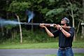 United States President Barack Obama shoots clay targets on the range at Camp David, Maryland