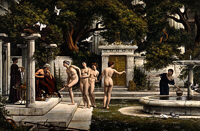 Women consulting Aesculapius. Colour reproduction of a paint Wellcome V0036062
