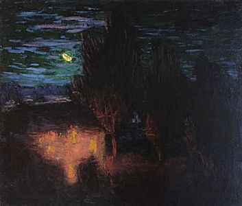 "Les Korrigans sous la lune - The dance of the elves of Pont-Aven" (Moonlit landscape with tall trees) by Roderic O'Conor, ca. 1898-1900