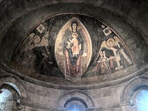 'The Virgin and Child in Majesty and the Adoration of the Maji', Romanesque fresco by the Master of Pedret from the apse of the Church of Saint Joan at Tredos, Lleida, Spain, c. 1100