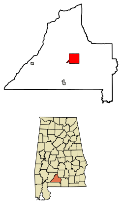 Location of Evergreen in Conecuh County, Alabama.