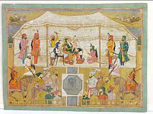 Darbar (royal court) of Maharaja Ranjit Singh behind held outdoors using a large tent