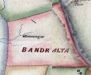 Detail of the main, continuous tract of territory of Bandralta from a map of the various Hill States of the Punjab Hills region, copied in 1852