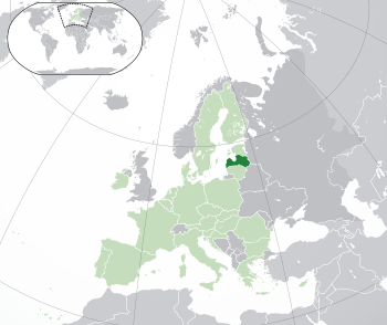 Location of  Latvia  (dark green)– on the European continent  (green & dark grey)– in the European Union  (green)  —  [Legend]