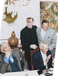 Fr. Michael Pfleger, Rev. Joseph Lowery, Min. Louis Farrakhan and C.T. Vivian conversing in the Rectory dining room (14752023375)