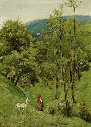 Hans Thoma - Hirtenmädchen mit einer Ziege auf der Wiese mit sanften Hügeln.jpg