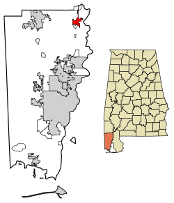 Location of Mount Vernon in Mobile County, Alabama.
