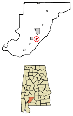 Location of Excel in Monroe County, Alabama.