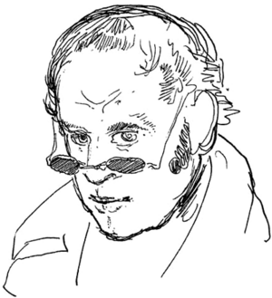 Black-and-white drawing of a middle-aged man, facing down left.