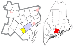 Location of Belmont (in yellow) in Waldo County and the state of Maine