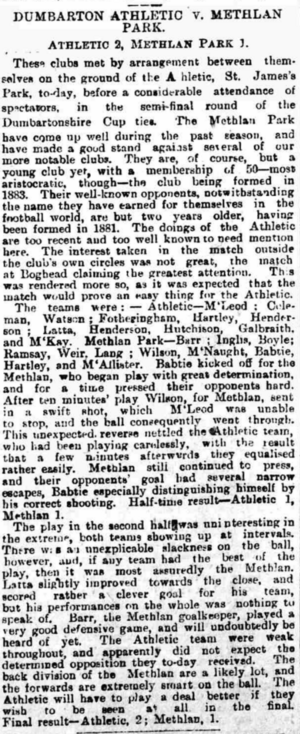 1888–89 Dumbartonshire Cup semi-final, Dumbarton Athletic 2–1 Methlan Park, Glasgow Evening Post, 19 January 1889