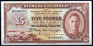1941 £5 brown Bermuda banknote