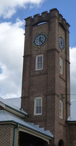 1967 - Wingham Memorial Town Hall - Detail of the Wingham Memorial Town Hall clock tower viewed from the corner of Farquhar and Queen Streets. (5053369b8)